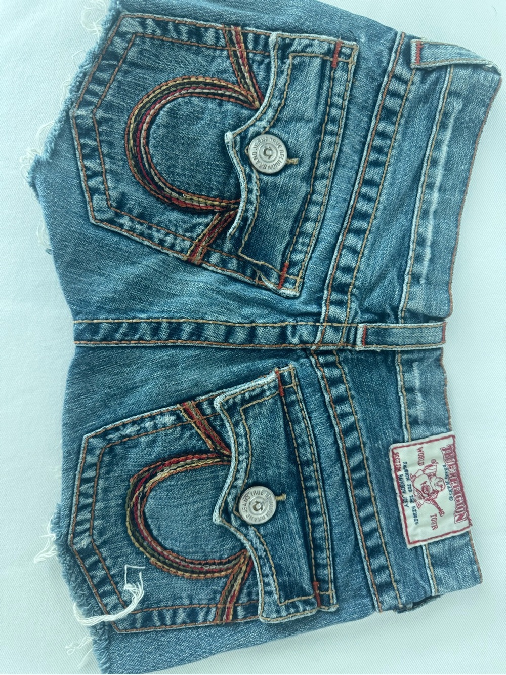 True Religion Distressed Blue Denim Shorts with Multicolor Arcuate
